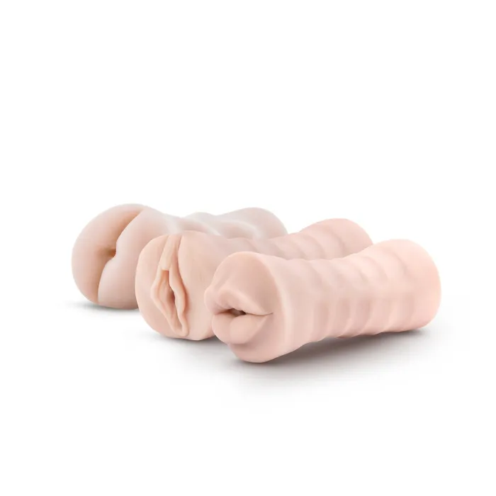 Blush Novelties Male Sex Toys M for Men 3Pack SelfLubricating Vibrating Stroker Sleeve Kit Vanilla